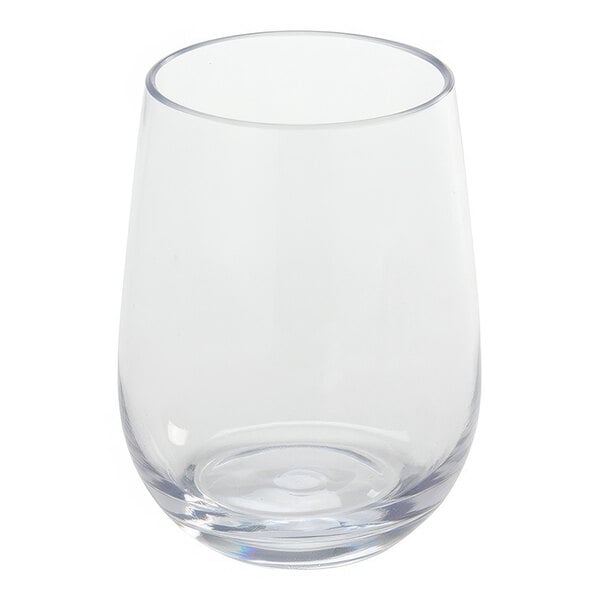An American Metalcraft Tritan plastic stemless wine glass with a clear bowl and a circle in the middle.