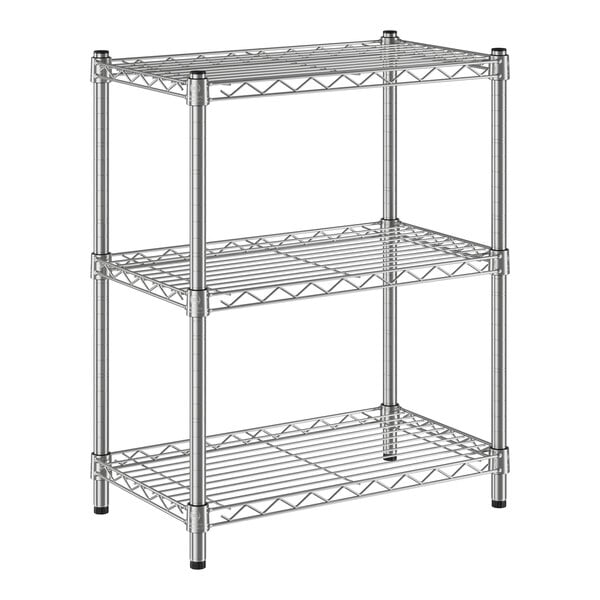 A three-tier chrome wire shelving unit with 30-inch posts.