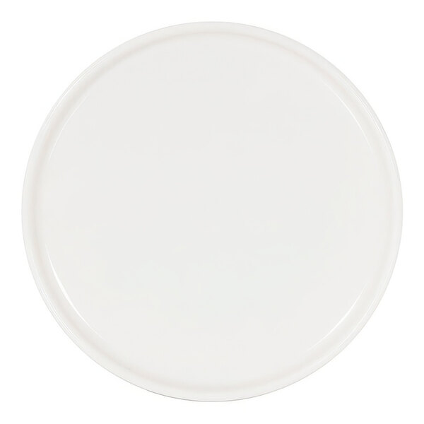 A white Cal-Mil melamine plate with a round rim.