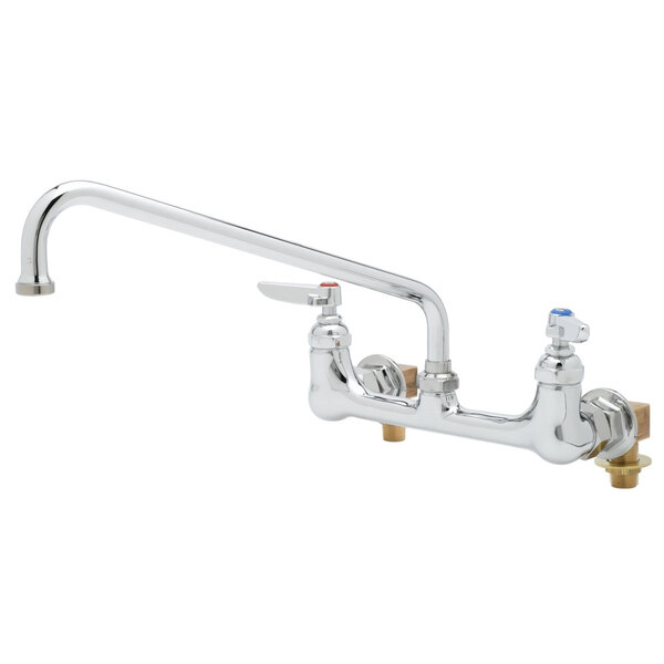 A chrome T&S wall mount pantry faucet with two handles.