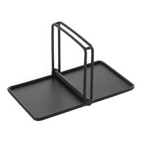 A black stainless steel rectangular napkin holder with two handles.