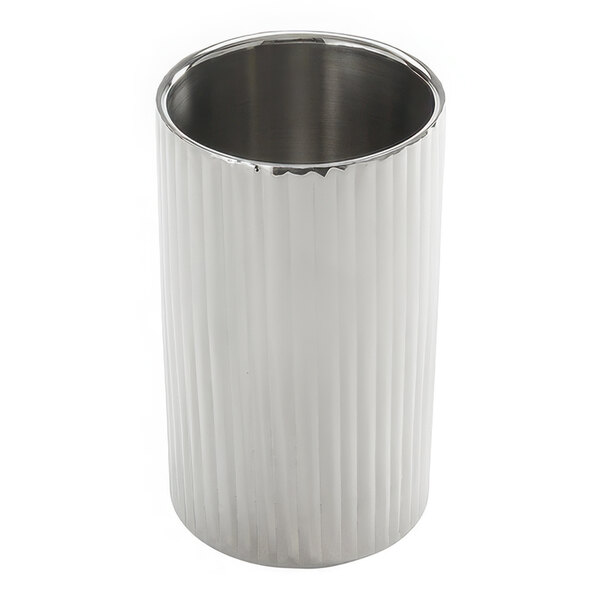 An American Metalcraft stainless steel cylindrical wine cooler with a silver rim.