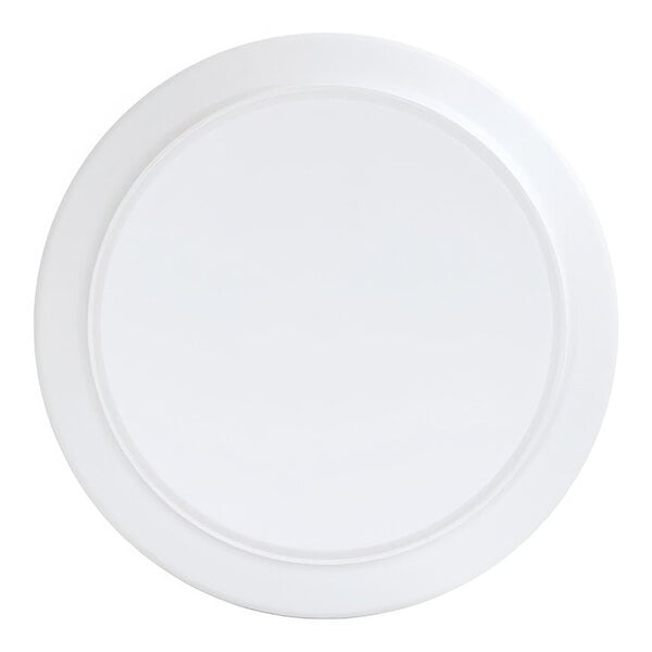 A close-up of a white round Cal-Mil melamine bowl/plate with a white border.