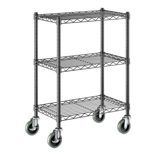 A black epoxy three-shelf utility cart with wire shelves, four posts, and casters.