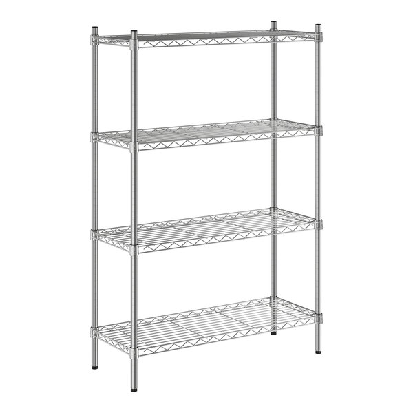 A chrome four-shelf wire shelving unit with four vertical posts.