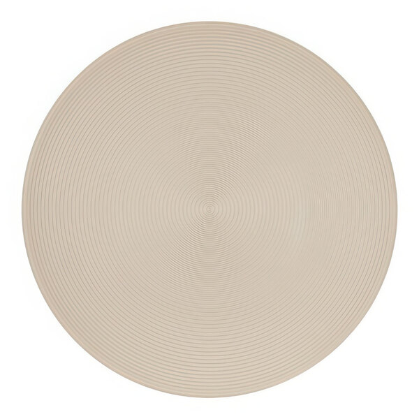 A taupe circular melamine plate with a circular pattern.