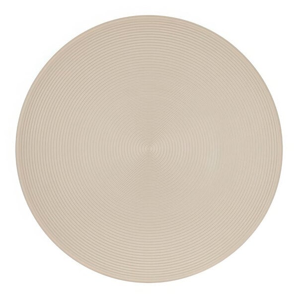 A taupe circular melamine plate with a circular pattern on the rim.
