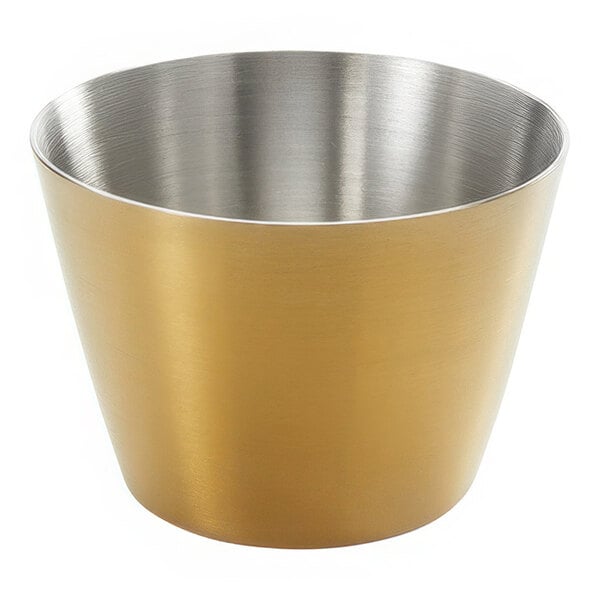 An American Metalcraft stainless steel sauce cup with a satin gold finish.
