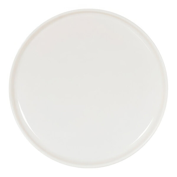 A white plate with a round rim on a white background.