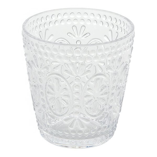 An American Metalcraft Tritan plastic stackable rocks glass with a pattern on it.