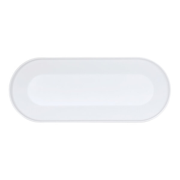 A white oval Cal-Mil melamine platter with a white border.