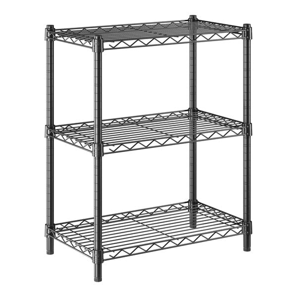 A black epoxy-coated three-shelf metal storage rack with 30-inch posts.