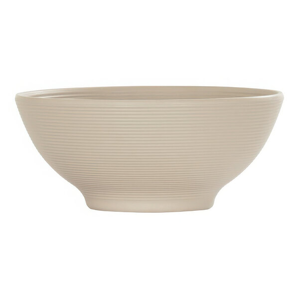A taupe melamine bowl with a curved edge and a thin stripe design.
