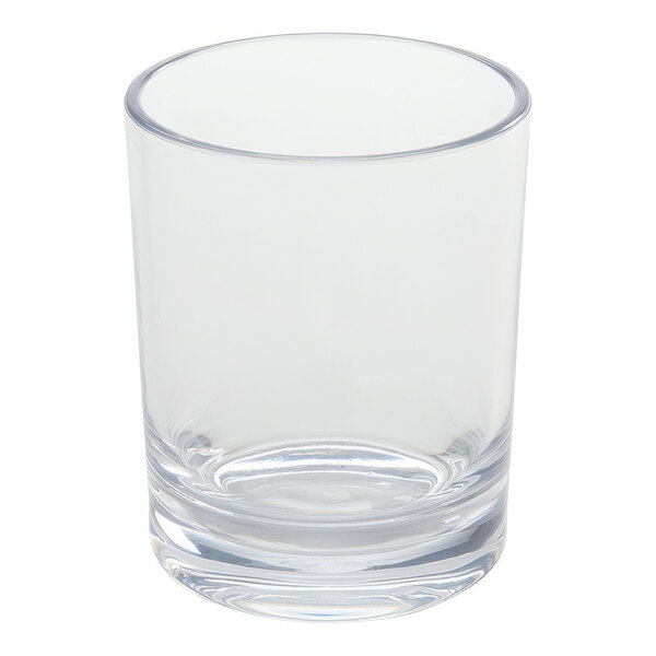 An American Metalcraft Tritan plastic rocks glass filled with a clear beverage on a white background.