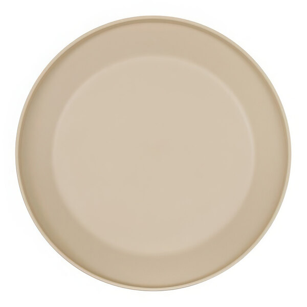 A close up of a taupe Cal-Mil melamine plate.