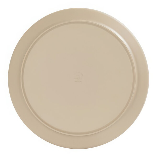 A taupe Cal-Mil melamine plate with a circle in the middle.
