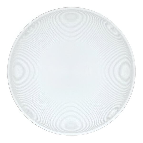 A white melamine bowl with a circular pattern on the inside.