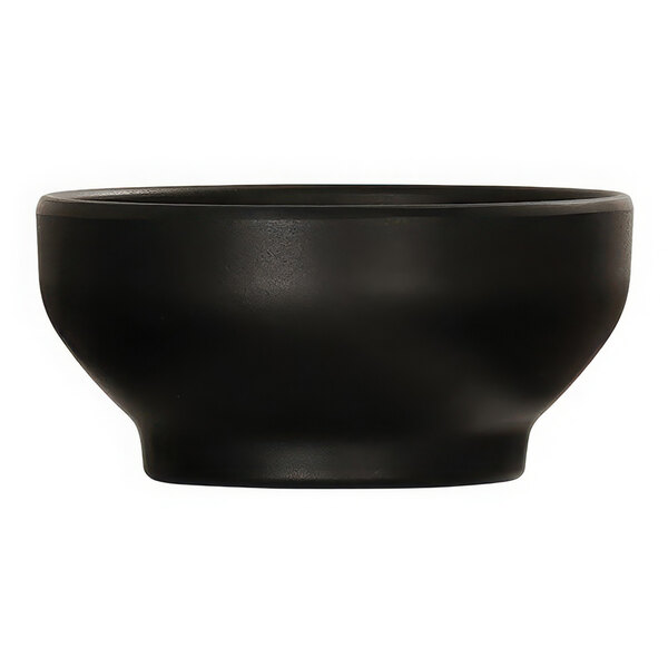 A close up of a black Cal-Mil melamine soup bowl.