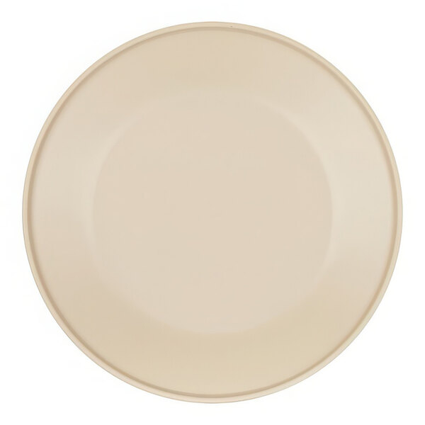 A taupe melamine plate with a white rim.