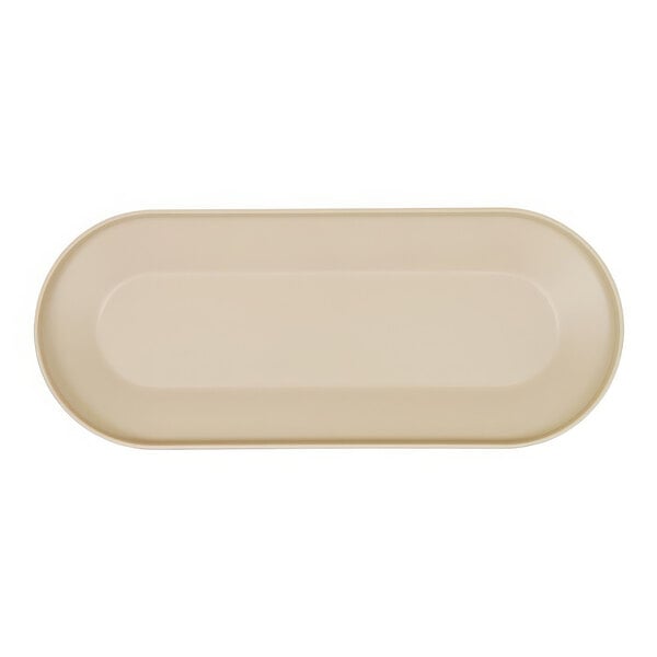 A taupe oval Cal-Mil melamine platter with a white border.