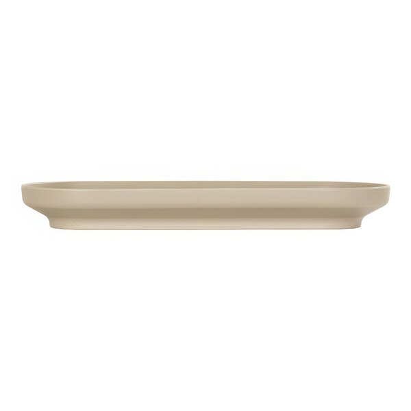 A taupe oval melamine platter with a white background.