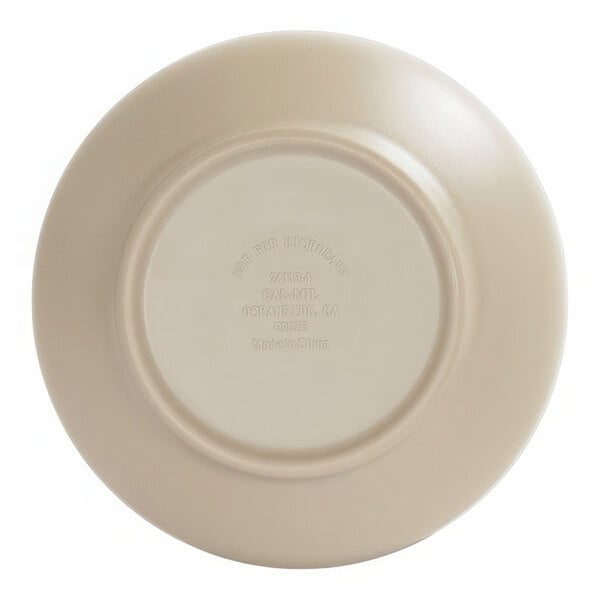 A taupe melamine bowl with a white circular edge.