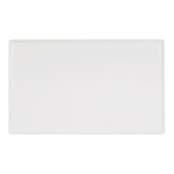 A white rectangular Cal-Mil melamine platter with a raised rim.