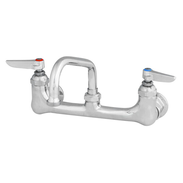 A chrome T&S wall mount pantry faucet with two silver knobs.