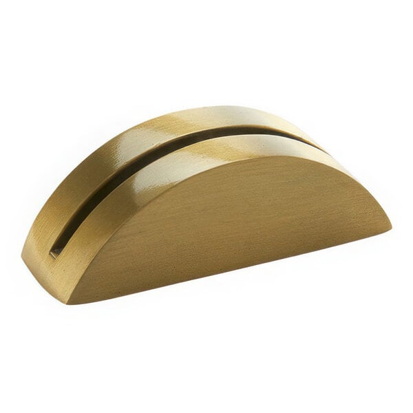An American Metalcraft gold cast aluminum half moon table card holder with two slots.
