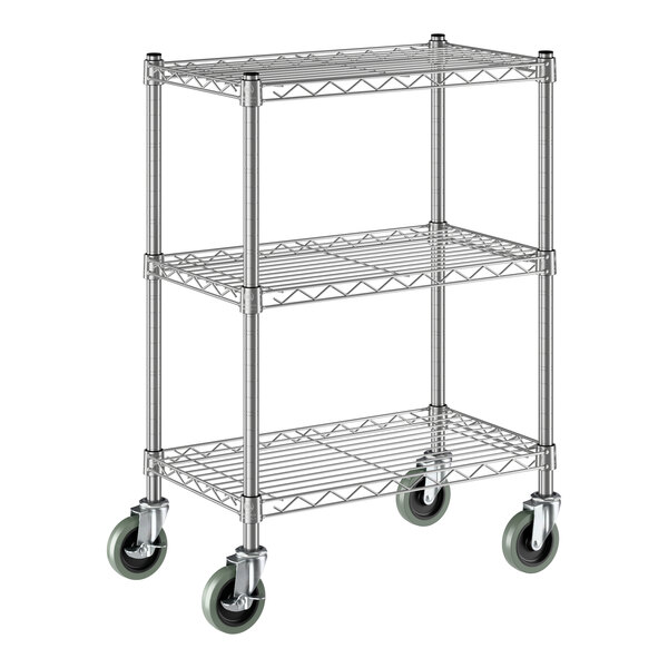 A three-shelf chrome wire utility cart with casters and 30-inch posts.