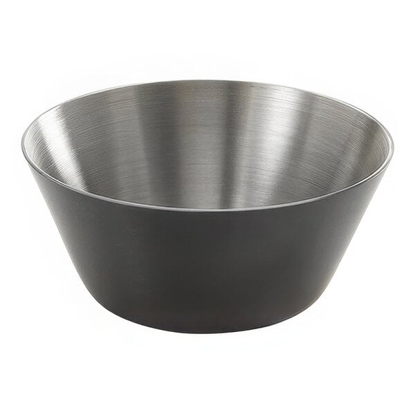 A black stainless steel sauce cup with a white background.
