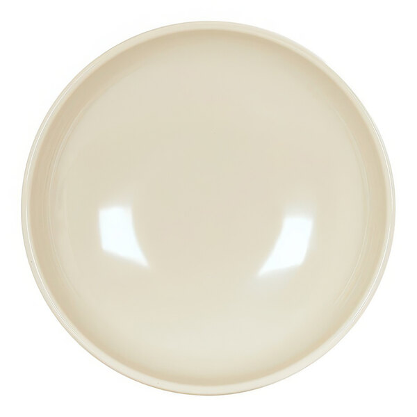 A round brown and cream two-tone melamine bowl with a light reflection.