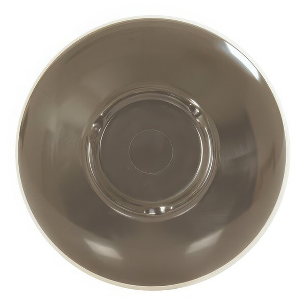 A brown and cream melamine bowl with a grey circle and white circle in the middle.