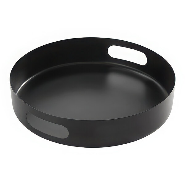 An American Metalcraft black stainless steel round serving tray with handles.