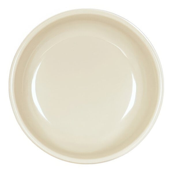 A brown and cream melamine bowl with a plain rim on a white background.