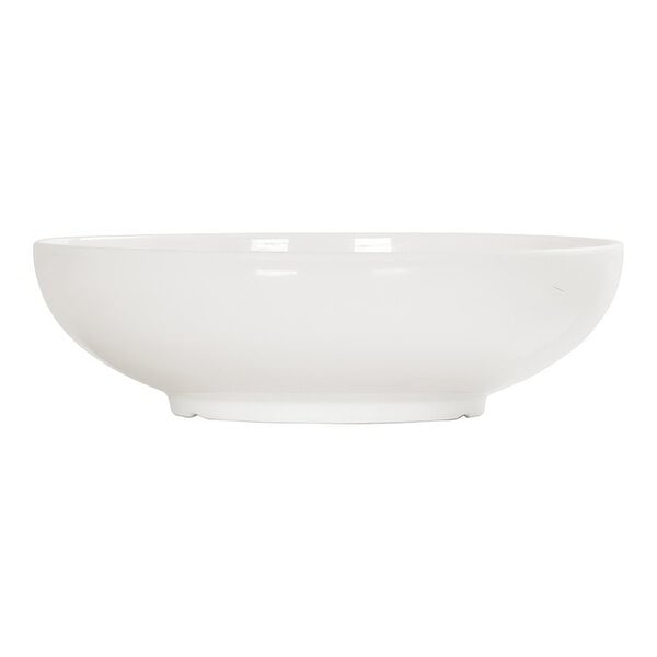 A white round Cal-Mil melamine bowl.