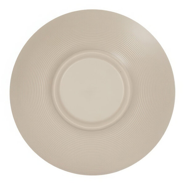 A taupe melamine bowl with a circular pattern on the bottom.