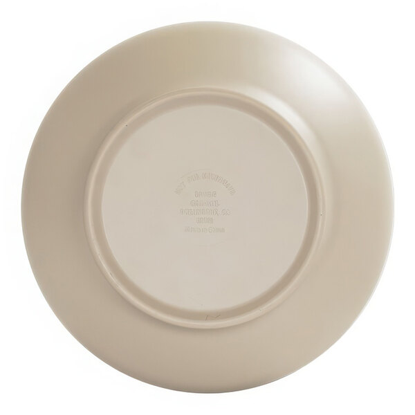 A taupe melamine bowl with a circular edge.