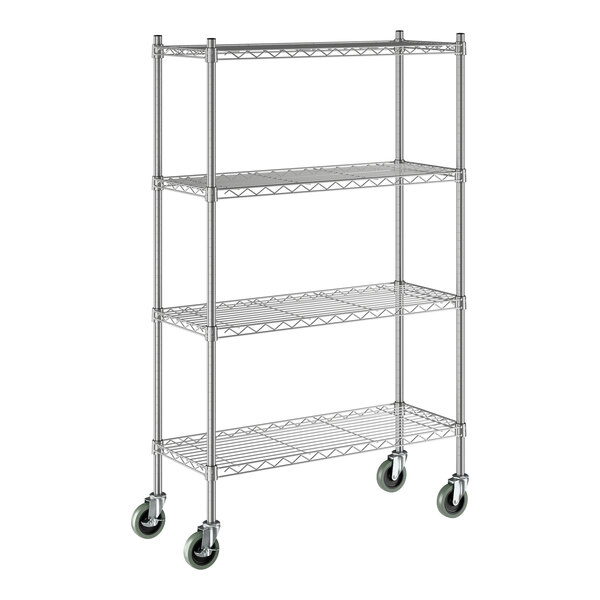 A chrome four-shelf wire shelving unit with four posts and casters for mobility.