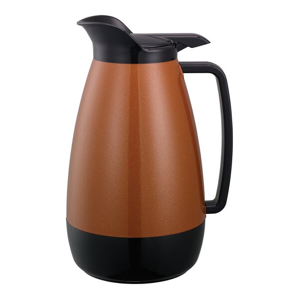 A copper and black Thermo-Serv coffee carafe with flip-top lid.