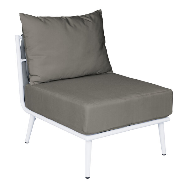 A white BFM Seating Cayman outdoor middle section with a grey rope back and Sunbrella charcoal cushion and back pillow.