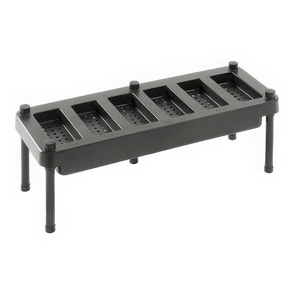 An American Metalcraft black plastic tray with four compartments and holes.