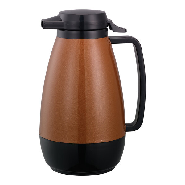 A brown and black Service Ideas Thermo-Serv insulated coffee carafe with a push-button lid.