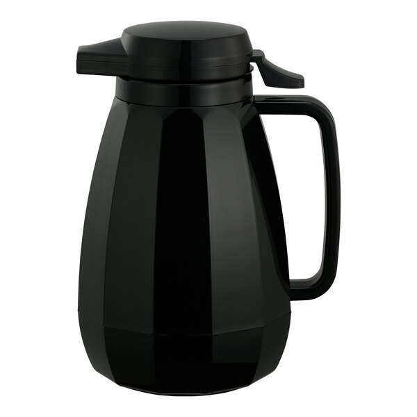A black Service Ideas insulated coffee carafe with a handle and lid.