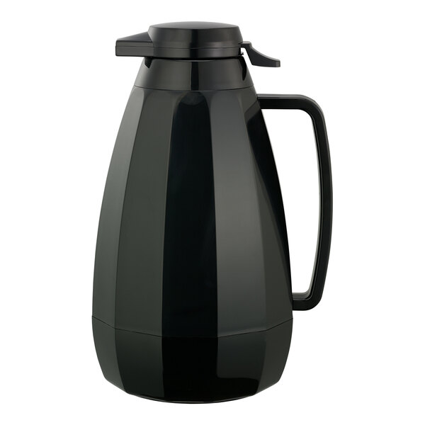 A black Service Ideas insulated coffee carafe with a handle.