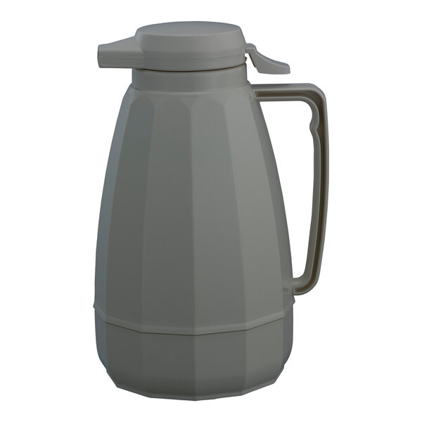 A gray plastic Service Ideas coffee carafe with a handle.