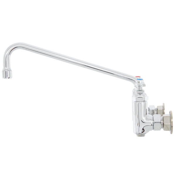 A T&S chrome wall mounted pantry faucet with a long silver swing nozzle.