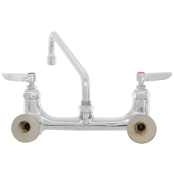 A T&S chrome wall mount pantry faucet with two handles and two pipes.