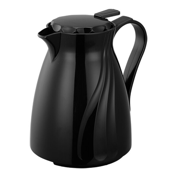 A black plastic coffee carafe with a handle and lid.