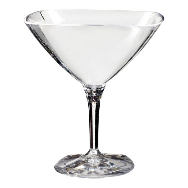 A Solia clear plastic mini martini glass with a clear rim.